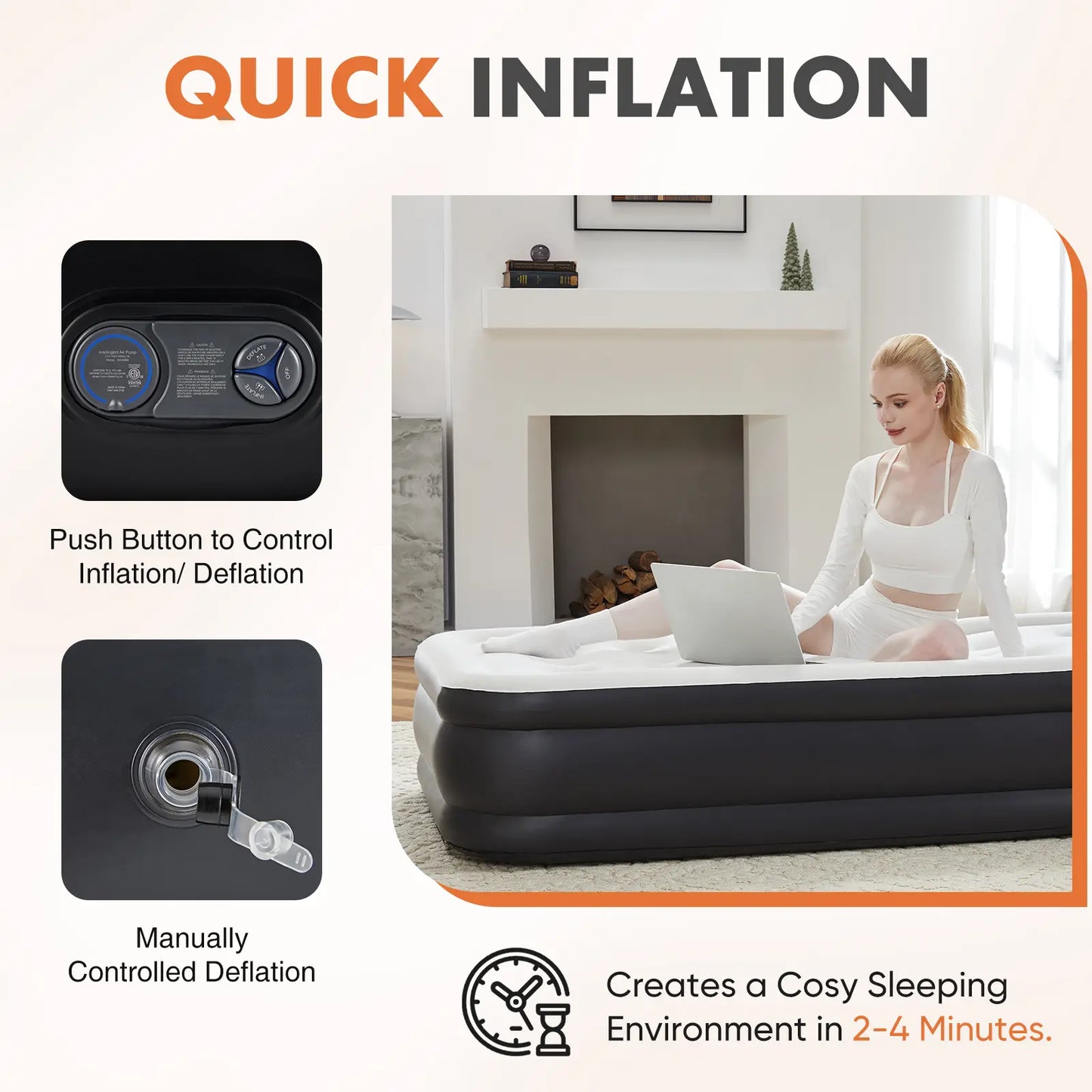 Double Height Inflatable Air Mattress with Built In Pump Non Slip Air Bed for Home and Camping