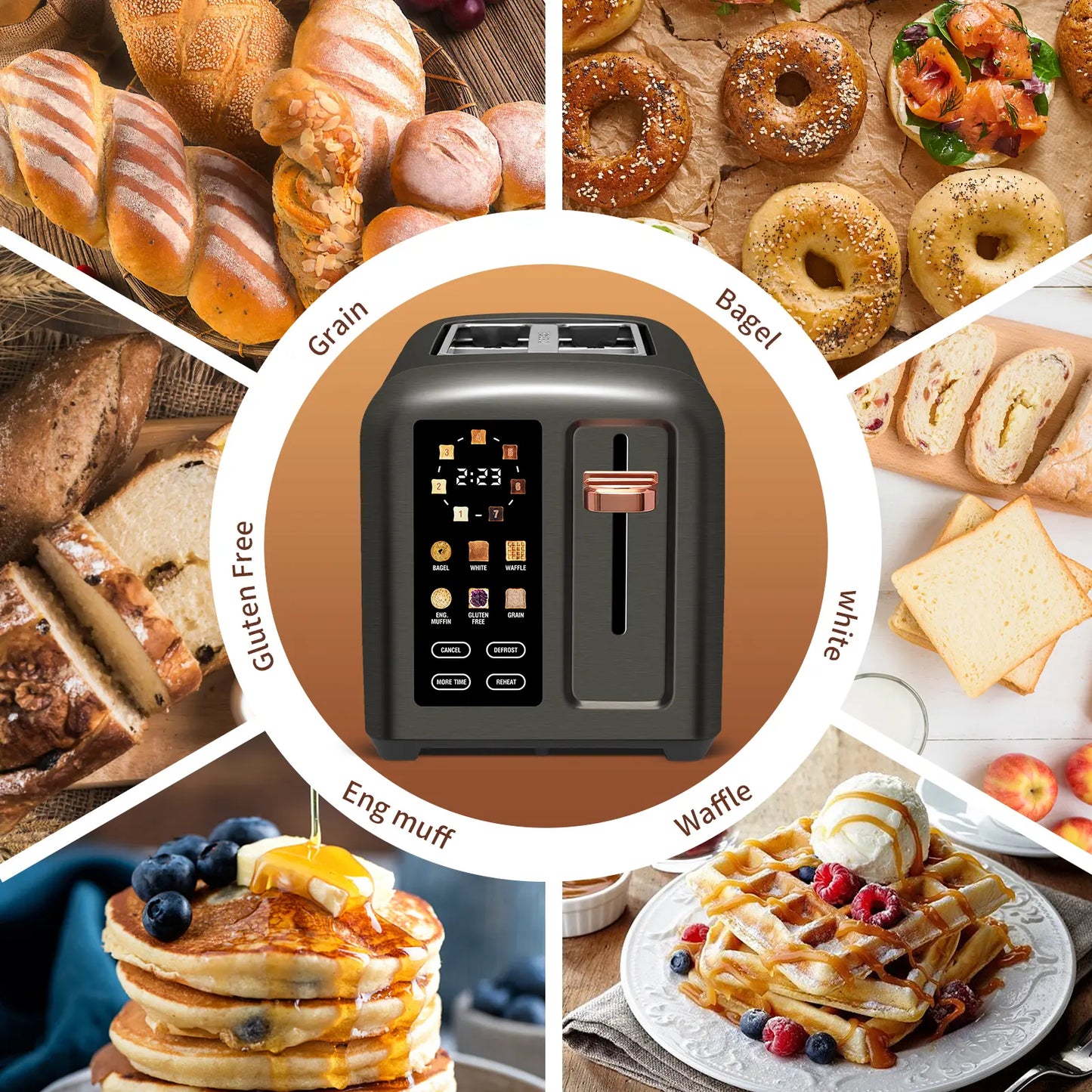 New full-touchscreen toaster, double-blade design, stainless steel body.
