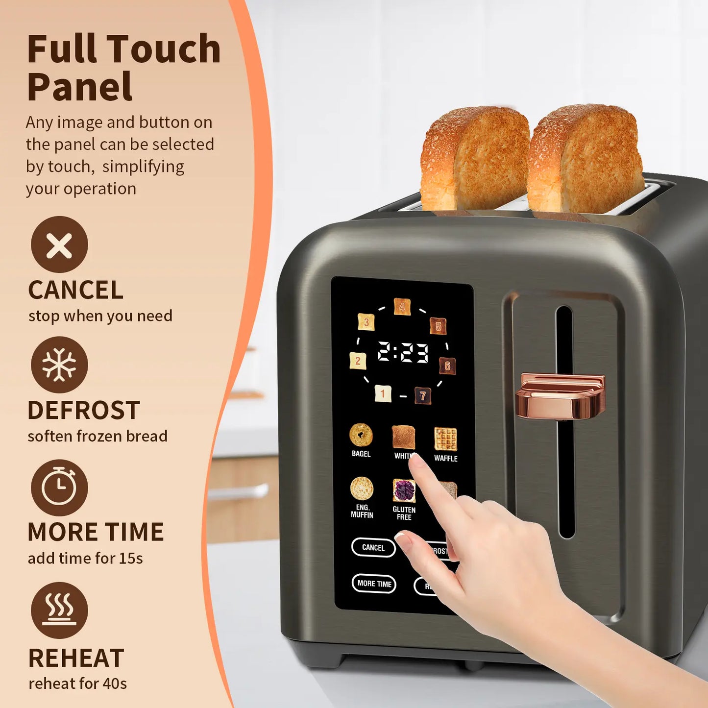 New full-touchscreen toaster, double-blade design, stainless steel body.