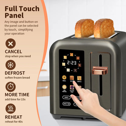 New full-touchscreen toaster, double-blade design, stainless steel body.