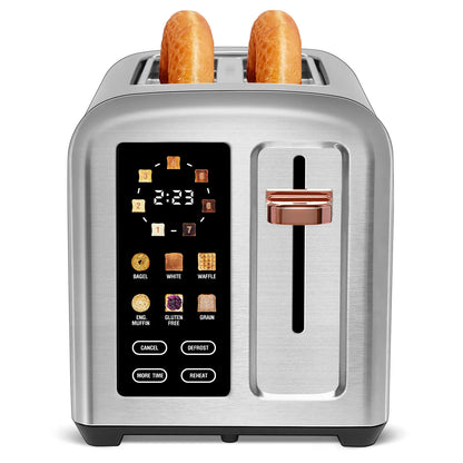 New full-touchscreen toaster, double-blade design, stainless steel body.