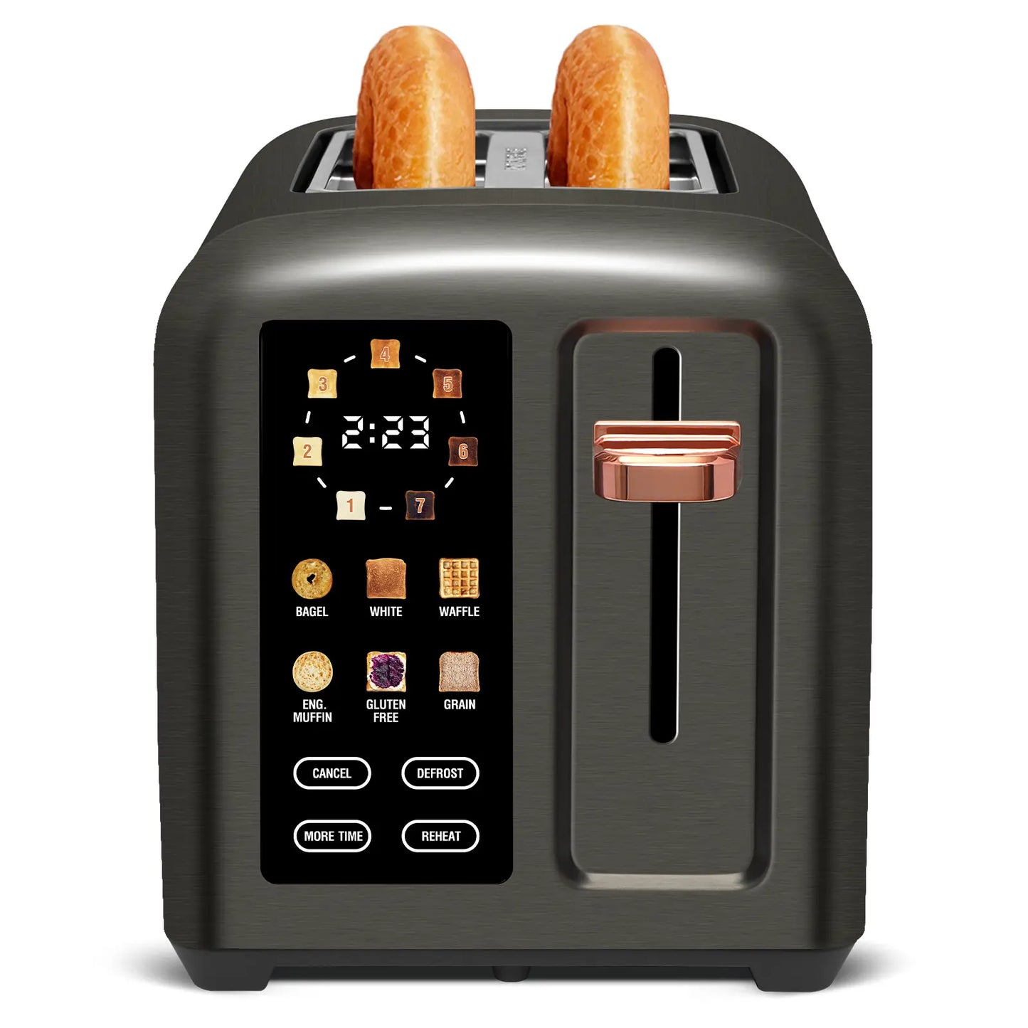 New full-touchscreen toaster, double-blade design, stainless steel body.