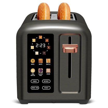 New full-touchscreen toaster, double-blade design, stainless steel body.