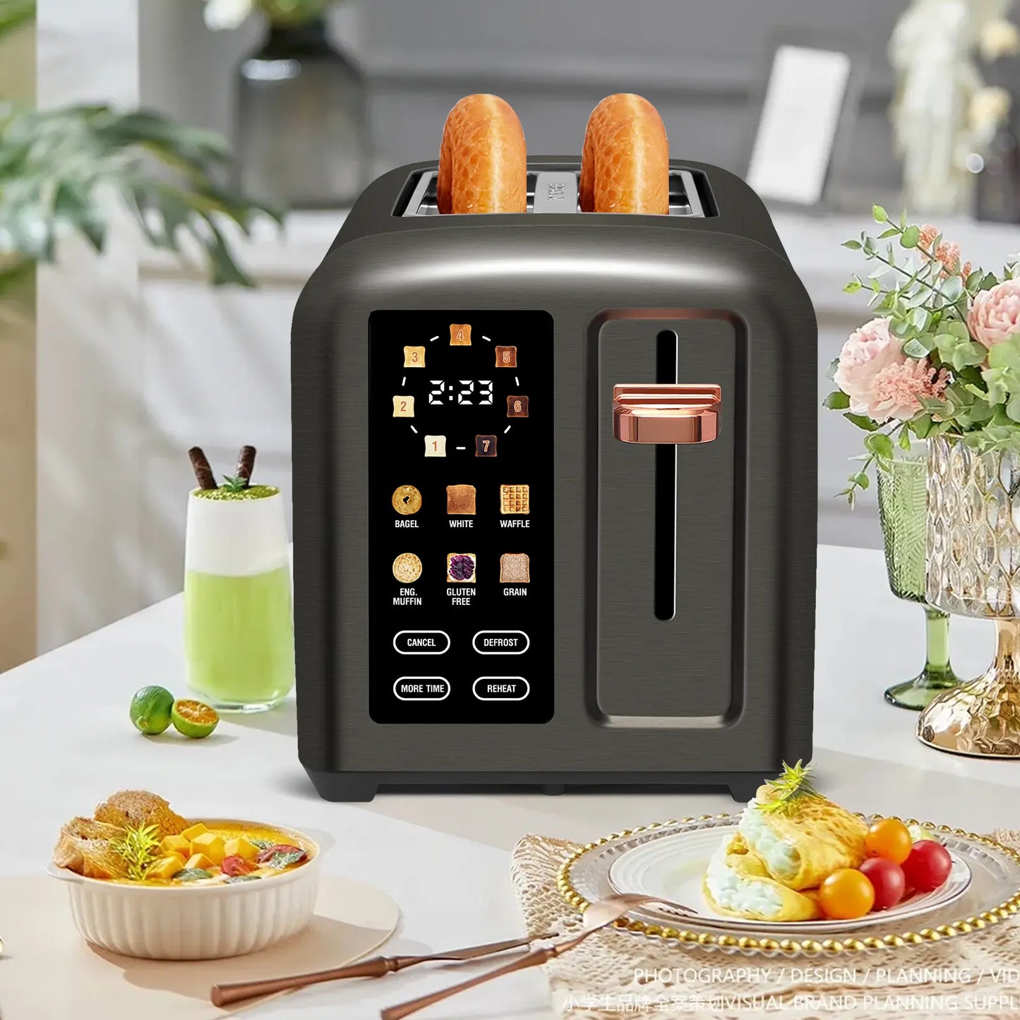New full-touchscreen toaster, double-blade design, stainless steel body.