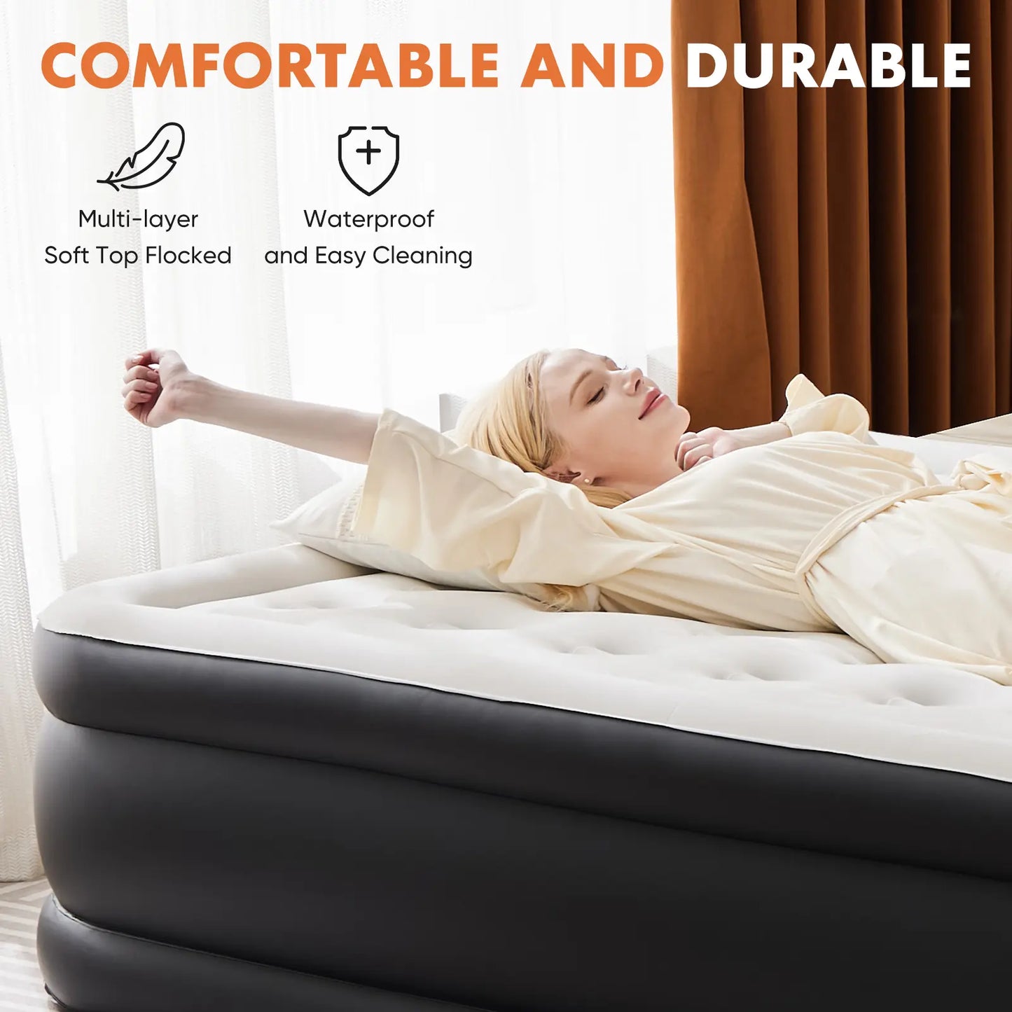 Double Height Inflatable Air Mattress with Built In Pump Non Slip Air Bed for Home and Camping