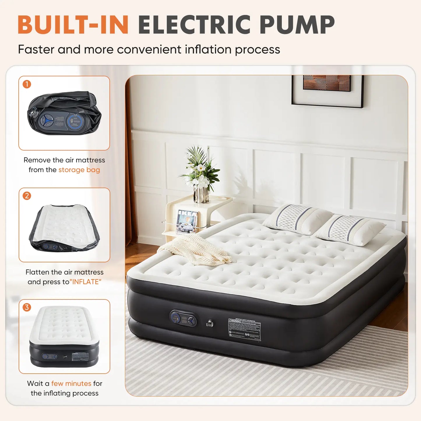 Double Height Inflatable Air Mattress with Built In Pump Non Slip Air Bed for Home and Camping