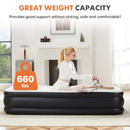 Double Height Inflatable Air Mattress with Built In Pump Non Slip Air Bed for Home and Camping