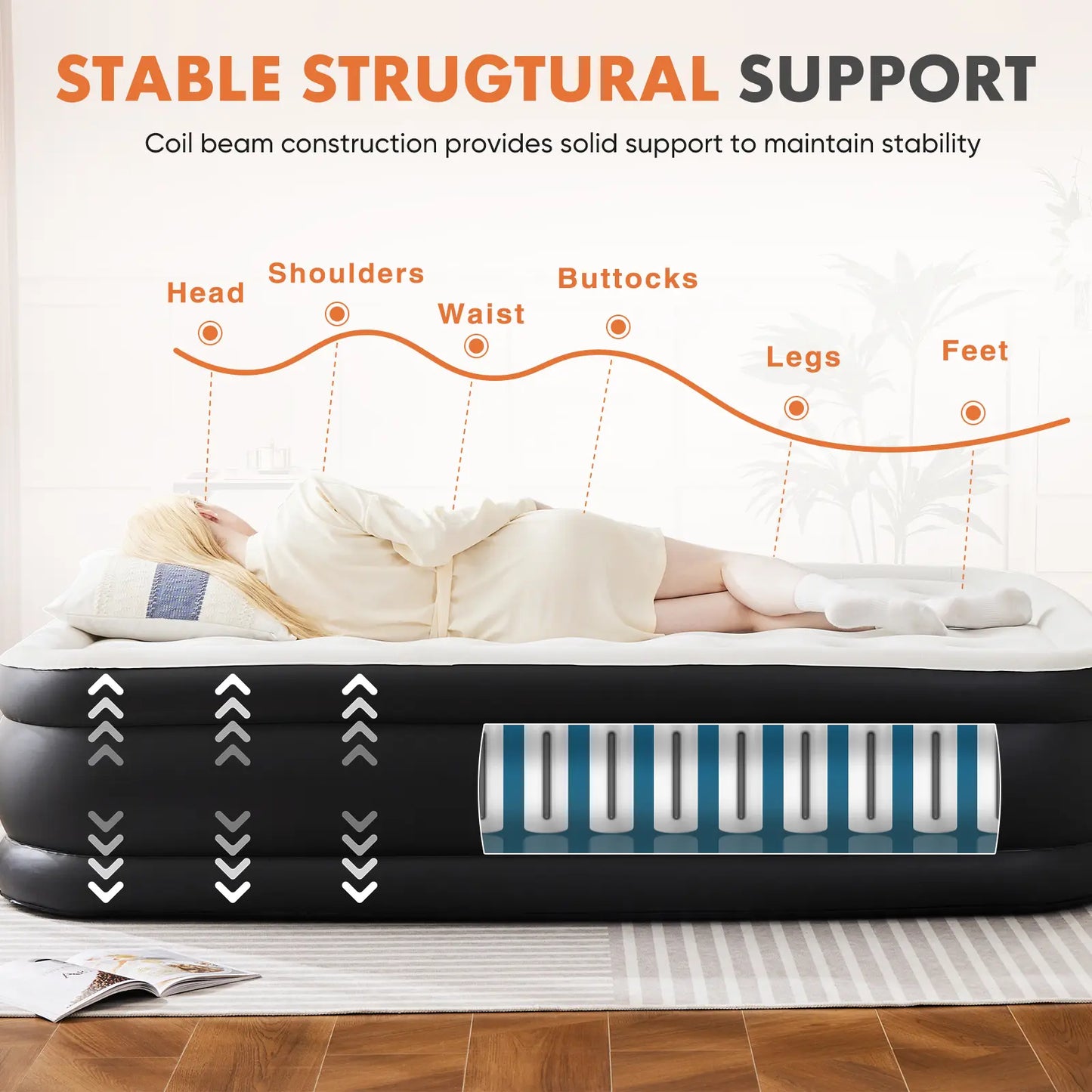 Double Height Inflatable Air Mattress with Built In Pump Non Slip Air Bed for Home and Camping
