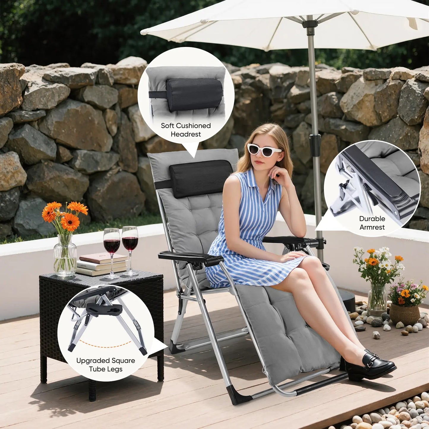 Zero Gravity Chair, Reclining Camping Lounge Chair, Reclining Patio Chairs with Cup Holder Trays and Removable Cushion, Folding Recliner for Indoor and Outdoor
