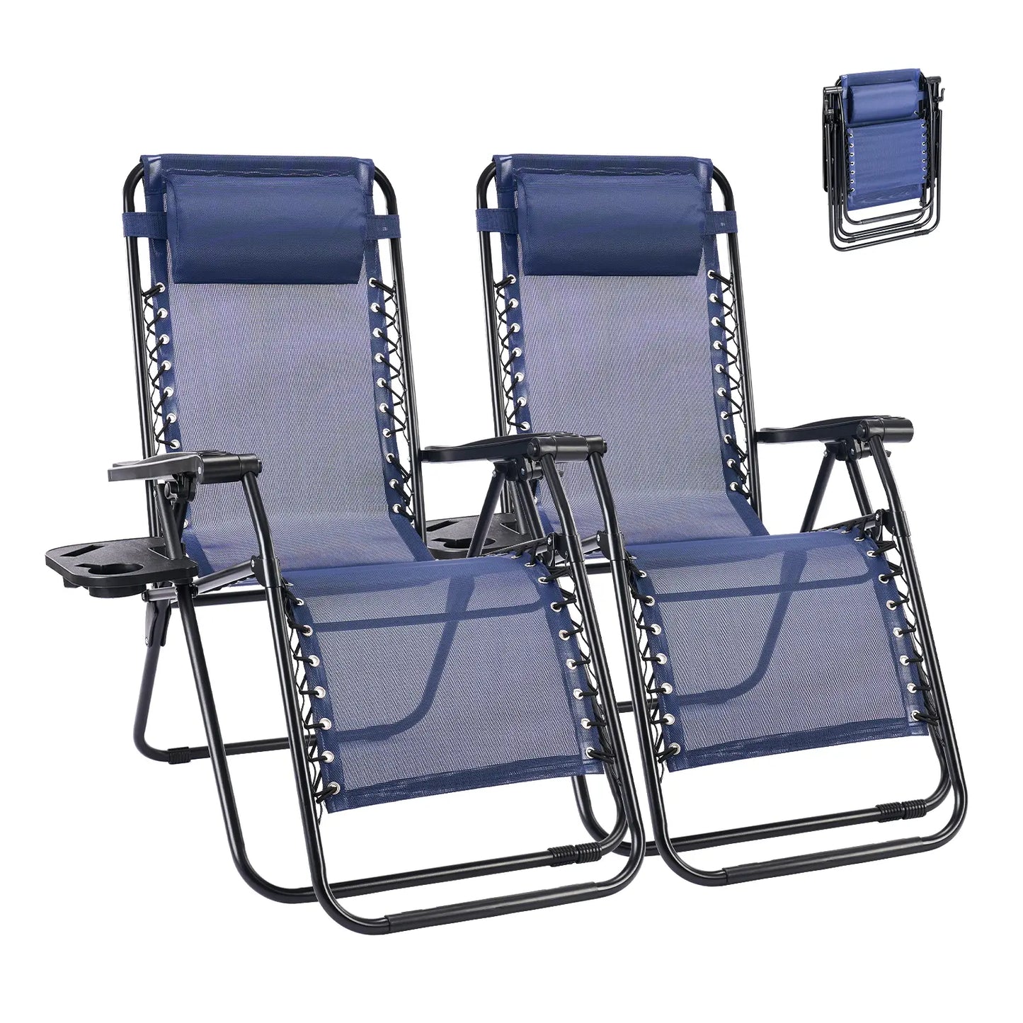 Zero Gravity Set of 2 Folding Lounge Chairs with Cup Holder Trays, Adjustable Pillow, Camping and Poolside Accessory, Outdoor Design