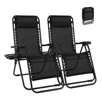 Zero Gravity Set of 2 Folding Lounge Chairs with Cup Holder Trays, Adjustable Pillow, Camping and Poolside Accessory, Outdoor Design