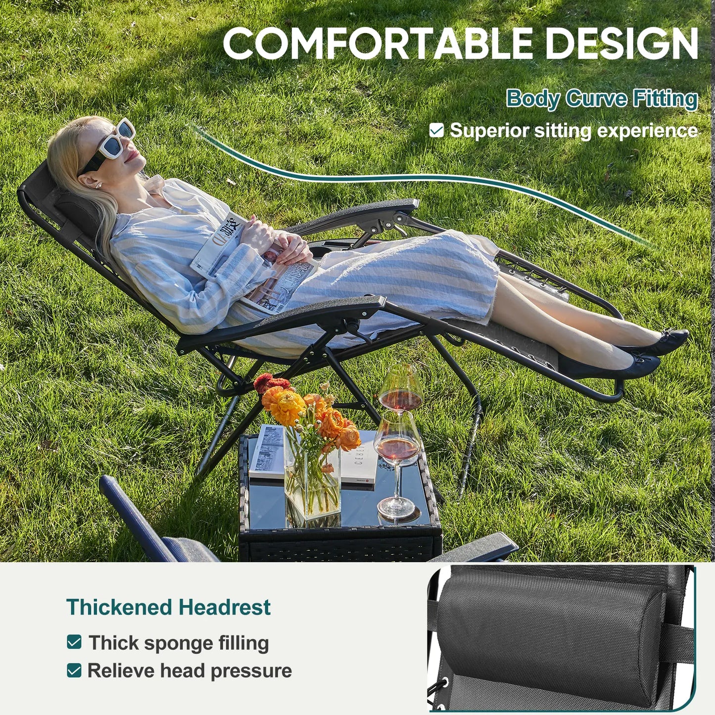 Zero Gravity Set of 2 Folding Lounge Chairs with Cup Holder Trays, Adjustable Pillow, Camping and Poolside Accessory, Outdoor Design