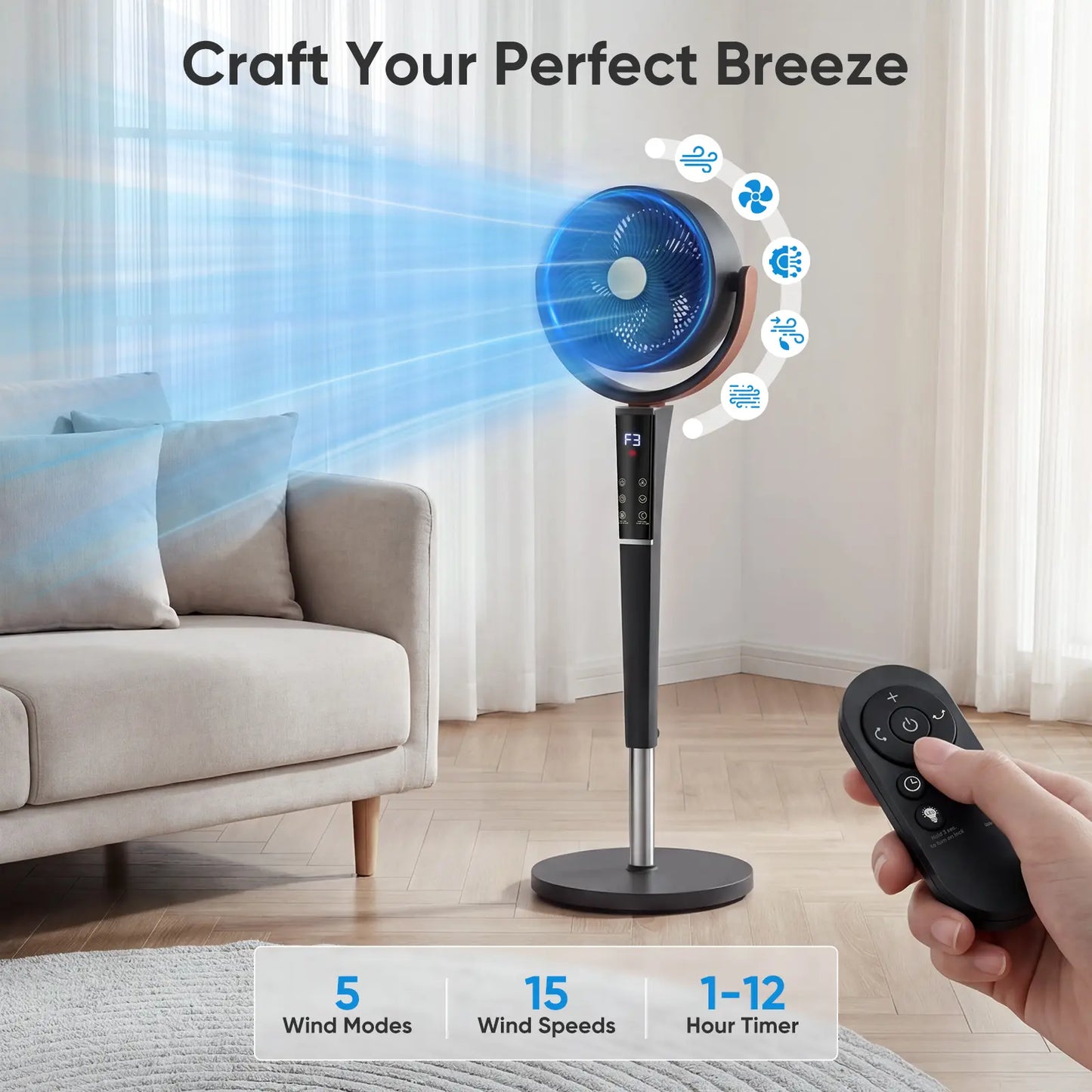Quiet Adjustable Pedestal Fan with Remote 15 Speeds Oscillating Standing Fan for Bedroom and Home
