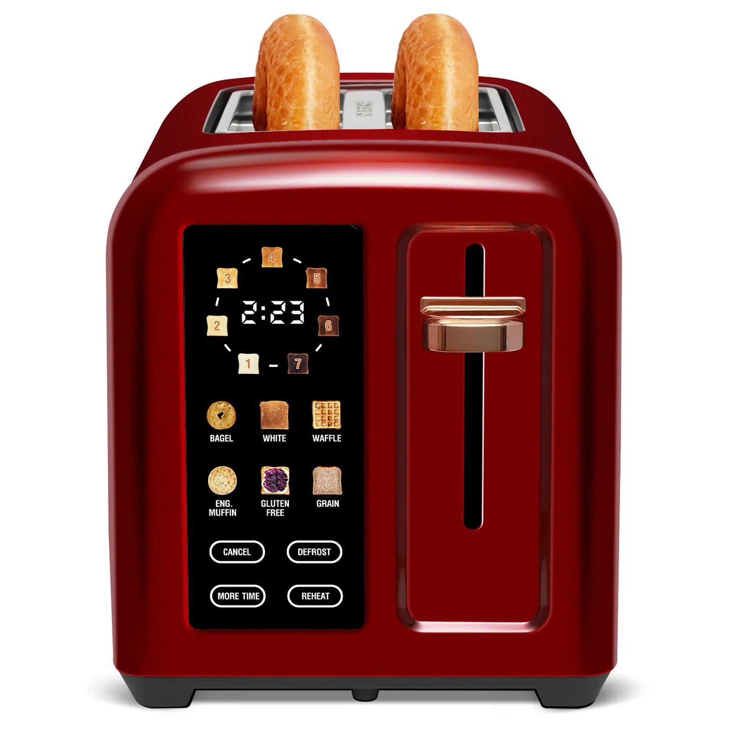 New full-touchscreen toaster, double-blade design, stainless steel body.