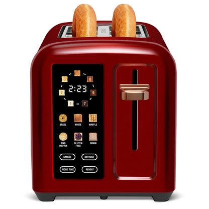 New full-touchscreen toaster, double-blade design, stainless steel body.